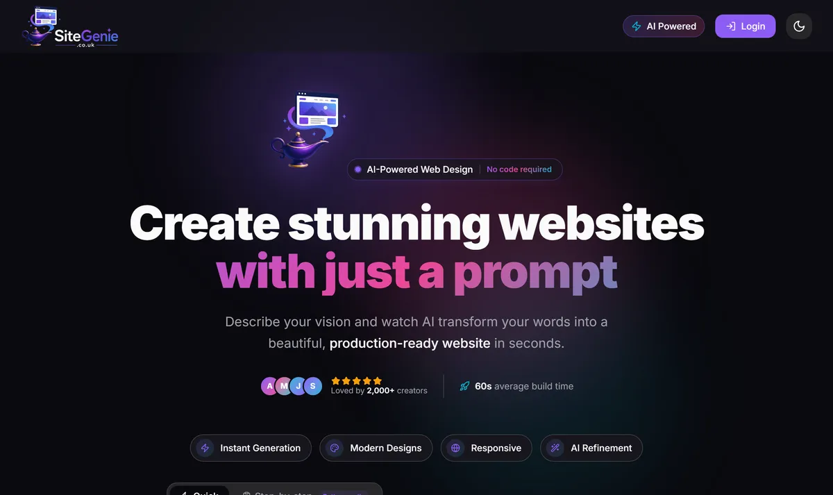 SiteGenie homepage