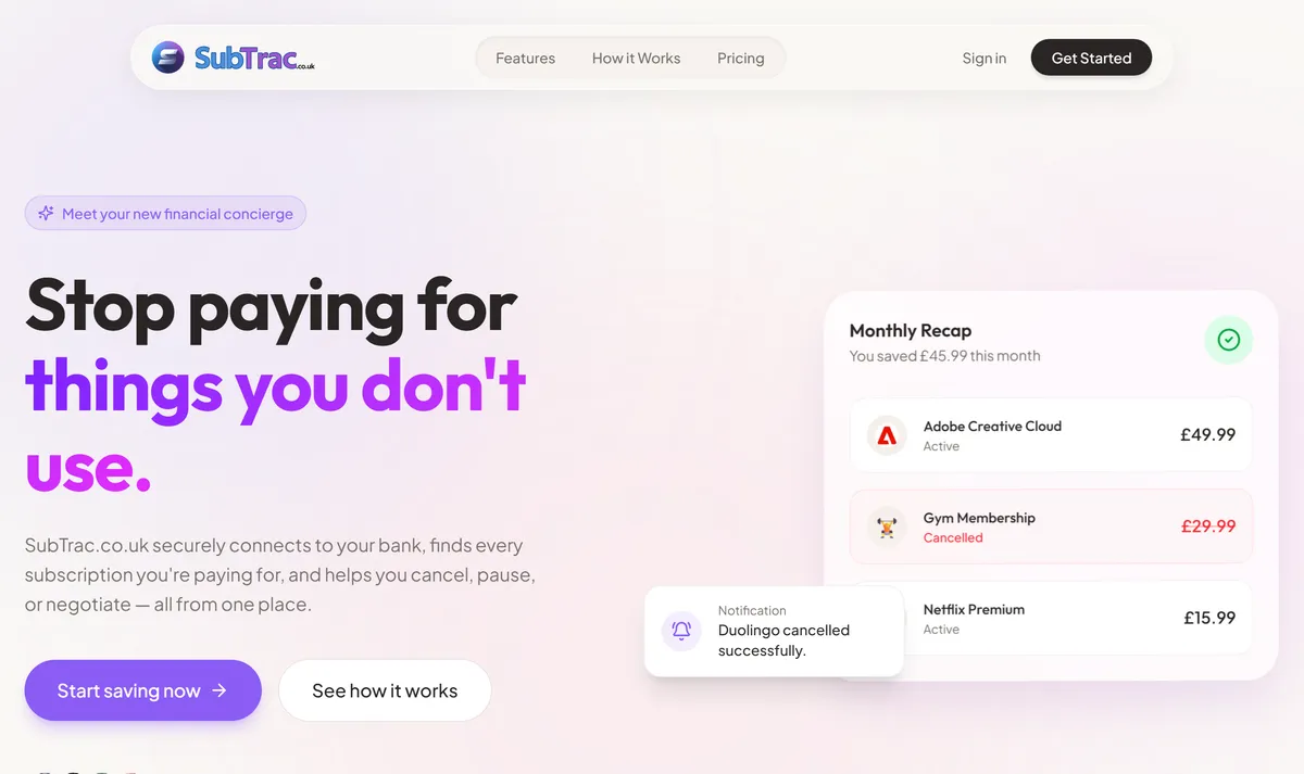 SubTrac homepage